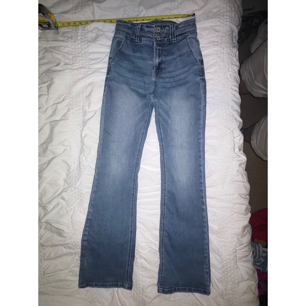 Refuge High Waisted Flare Jeans Medium Wash Double Button Blue Womens T04-27